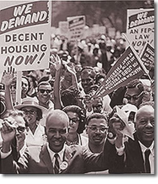 Fair Housing Act Protests - signs and people of different races waving their hands